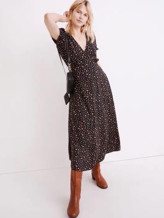 Madewell Dresses & Skirts - Madewell Black Floral Faux Wrap-Style Midi Dress Size 10